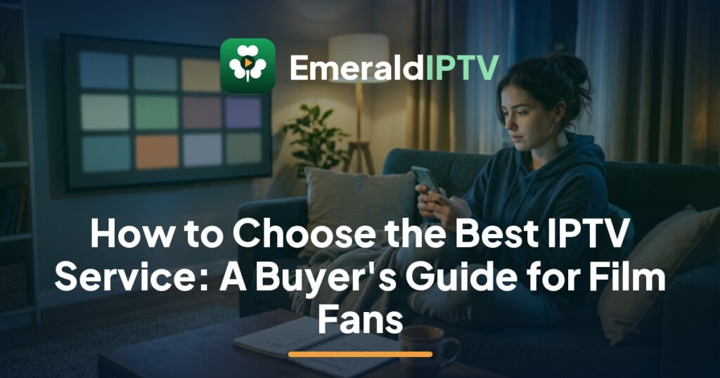 EmeraldIPTV guide to choosing the best IPTV service in Ireland: a viewer checking a film library against a checklist