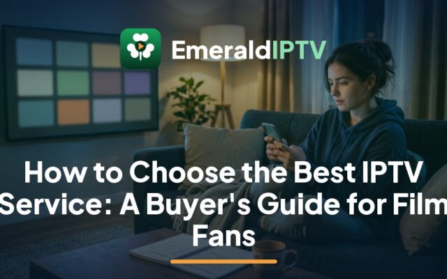EmeraldIPTV guide to choosing the best IPTV service in Ireland: a viewer checking a film library against a checklist
