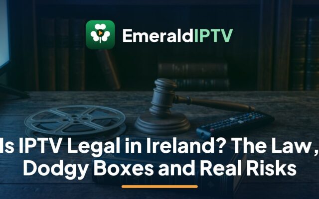 EmeraldIPTV guide to whether IPTV is legal in Ireland: gavel, law book and checklist beside popcorn facing a TV film library