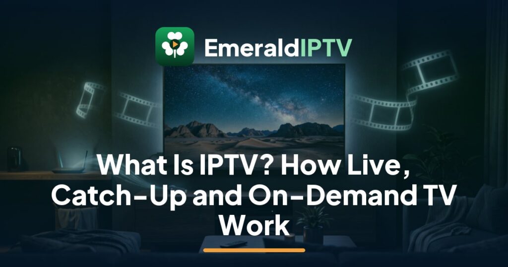 EmeraldIPTV guide to what IPTV is in Ireland: a couple browsing the on-demand film library on a big TV