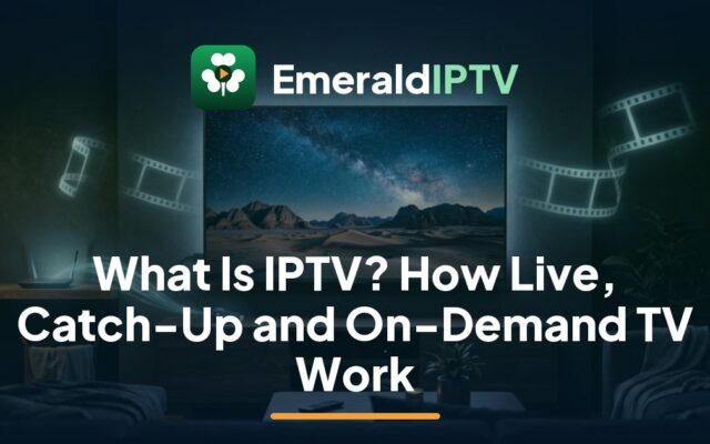 EmeraldIPTV guide to what IPTV is in Ireland: a couple browsing the on-demand film library on a big TV