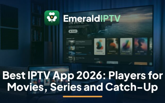 EmeraldIPTV guide to the best IPTV app for Irish viewers: choosing a film from a poster grid on a living-room TV