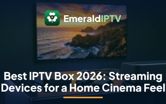 EmeraldIPTV guide to the best IPTV box in Ireland: a streaming box and soundbar under a 4K HDR television